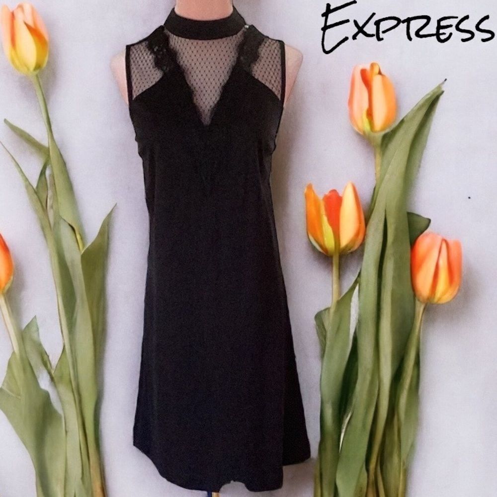 EXPRESS SHIFT MINI DRESS BLACK LACE DETAIL SLEEVELESS MEDIUM